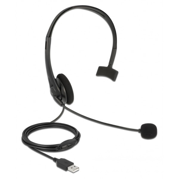 DELOCK headphones με μικρόφωνο 27177, mono, USB, volume control, μαύρα