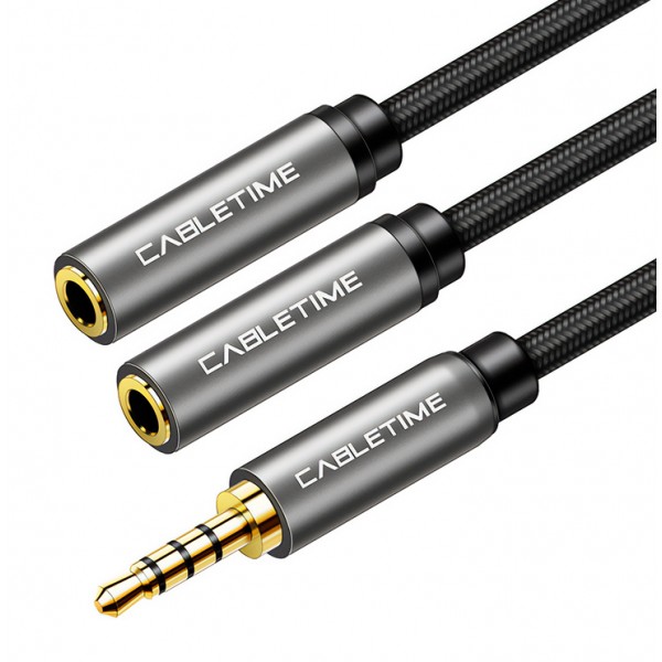 CABLETIME καλώδιο ήχου 3.5mm σε 2x 3.5mm CT-P12G4P, 4-pole, 20cm, μαύρο