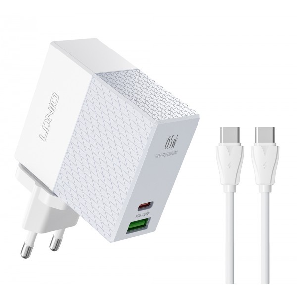 LDNIO φορτιστής τοίχου A2620C με καλώδιο, USB & USB-C, 65W PD, λευκός