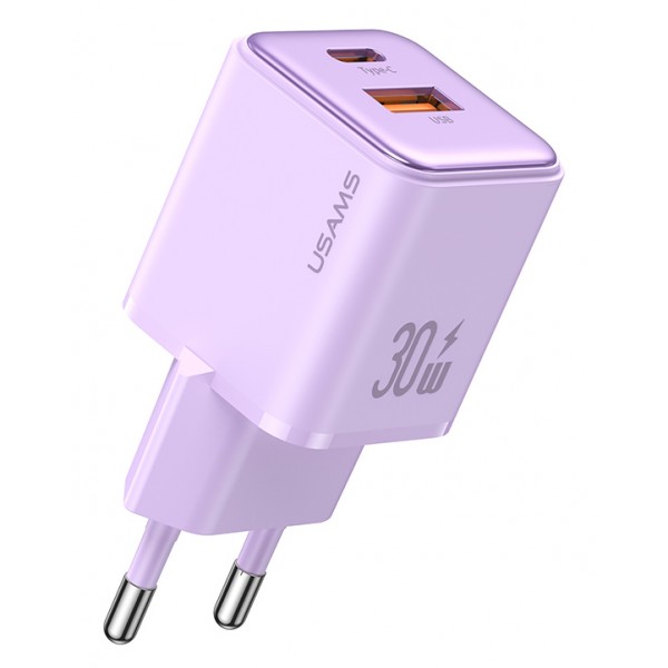 USAMS φορτιστής τοίχου US-CC189, USB & USB-C, 30W PD, μωβ