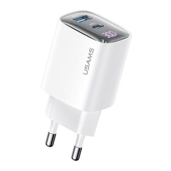 USAMS φορτιστής τοίχου US-CC229, USB & USB-C, 30W, GaN, λευκός