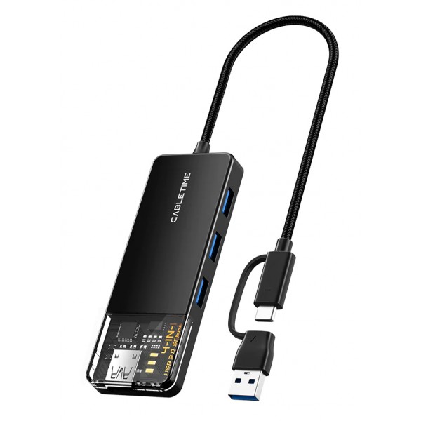 CABLETIME USB hub CT-HUBT3-PB, 4x θυρών, 5Gbps, USB/USB-C σύνδεση, μαύρο