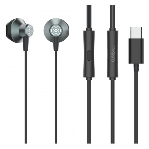 CELEBRAT earphones με μικρόφωνο D14, USB-C σύνδεση, Φ14mm, 1.2m, μαύρα