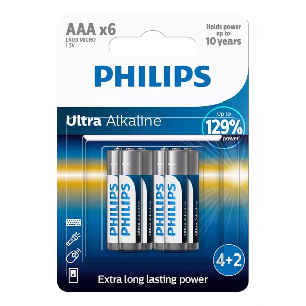 PHILIPS Ultra αλκαλικές μπαταρίες LR03E6BP/10, AAA LR03 1.5V, 6τμχ