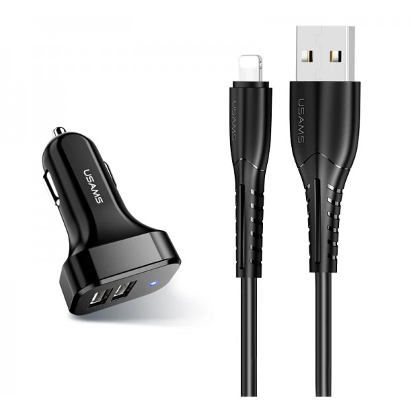 USAMS φορτιστής αυτοκινήτου C13 & καλώδιο Lightning, 2x USB, 2.1A, μαύρο