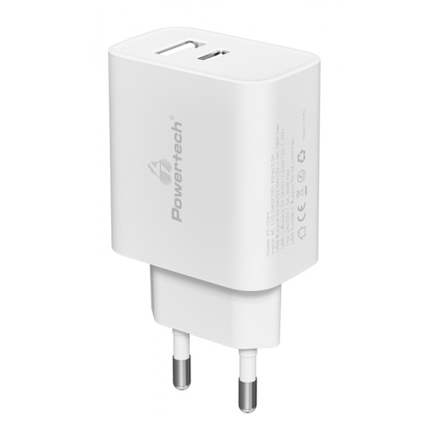 POWERTECH φορτιστής τοίχου PT-1044, USB & USB-C, PD QC3.0, 30W, λευκός