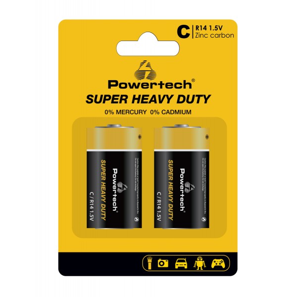 POWERTECH μπαταρίες Zinc Carbon Super Heavy Duty PT-1221, R14 1.5V, 2τμχ