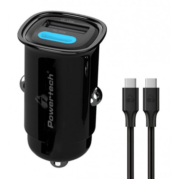 POWERTECH φορτιστής αυτοκινήτου PT-1229, καλώδιο, USB/USB-C, 30W, μαύρος