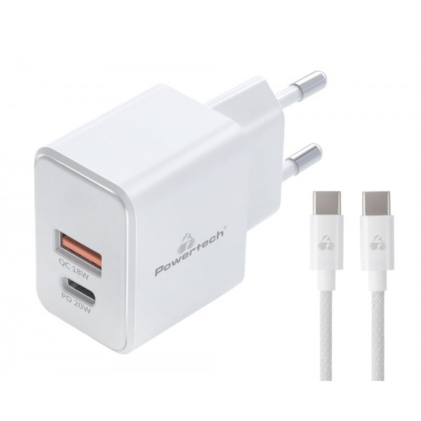 POWERTECH φορτιστής τοίχου PT-1248, καλώδιο, USB/USB-C, 20W, GaN, λευκός