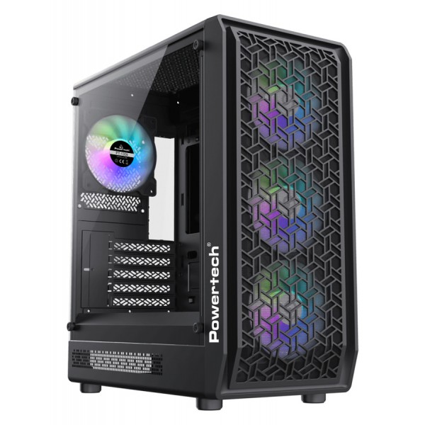 POWERTECH Gaming PC Case PT-1309, tempered glass, 3x ARGB fan, ATX, 340x200x436mm, μαύρο