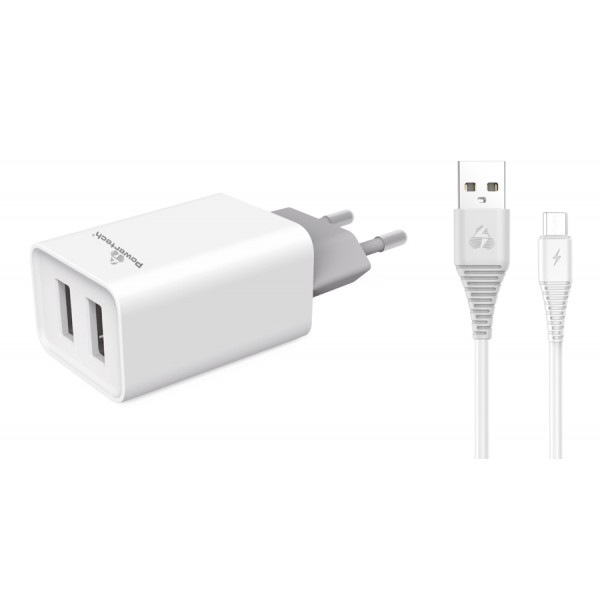 POWERTECH φορτιστής τοίχου PT-775, καλώδιο micro USB, 2x USB 2.1A, λευκό