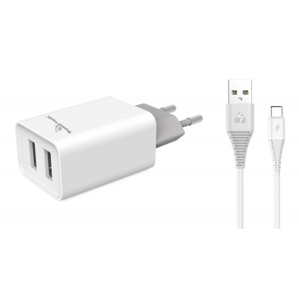 POWERTECH φορτιστής τοίχου PT-776 με καλώδιο USB-C, 2x USB, 2.1A, λευκό