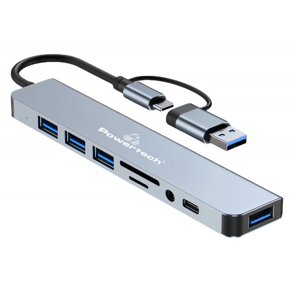 POWERTECH USB hub PTR-0151 με card reader, 8 θυρών, USB & USB-C, γκρι