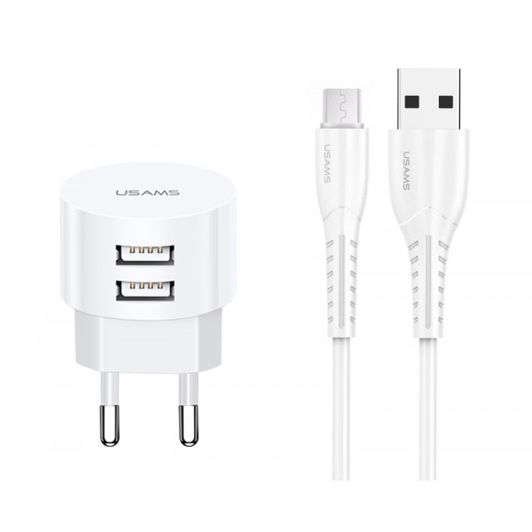 USAMS φορτιστής τοίχου T20 & καλώδιο Micro USB, 2x USB, 2.1A, λευκός