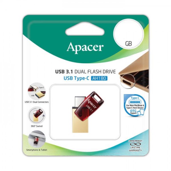 USB 3.1 Gen & Type-C Dual Flash Drive AH180 64GB Red RP