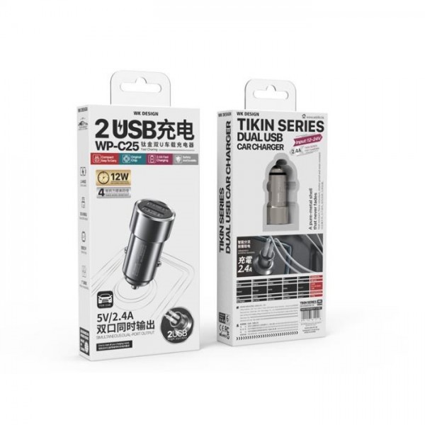 Car Charger WK 12W Dual USB 2.4A Silver WP-C25