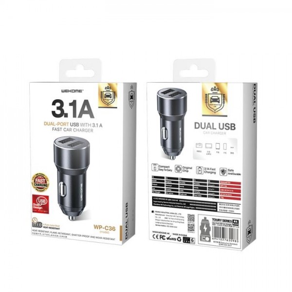 Car Charger WK 15W Dual USB 3.1A Toury Black WP-C36