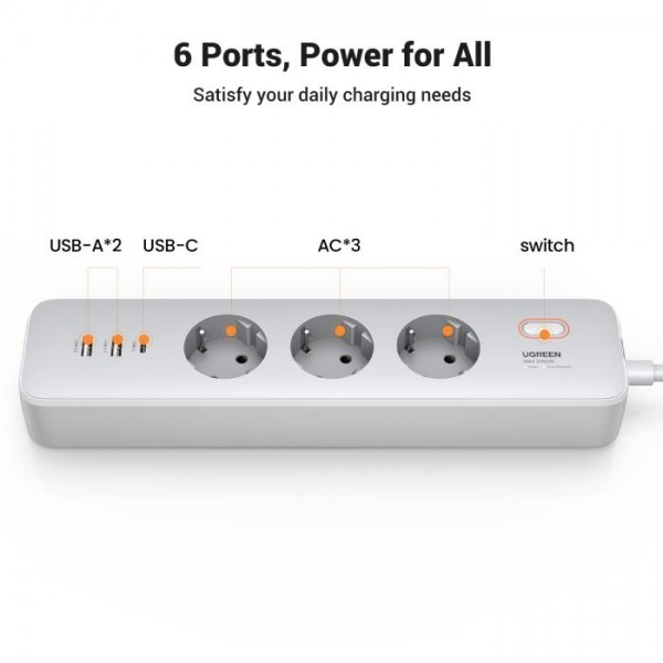 Protection Socket 3xSchuko PDx1+USBx2 UGREEN CD286 25357 2m