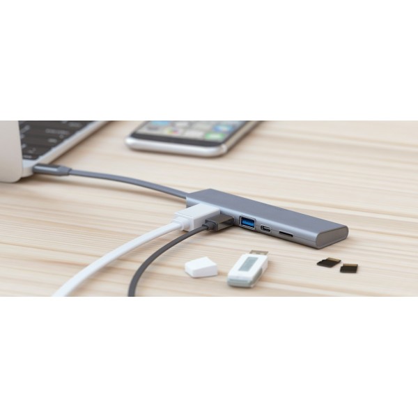 DesignNest DockingHUB | USB-C | Multi-Port Pass Through αντάπτορας (USB-C, USB 3.0, SD/MicroSD, HDMI) σε χρώμα Grey