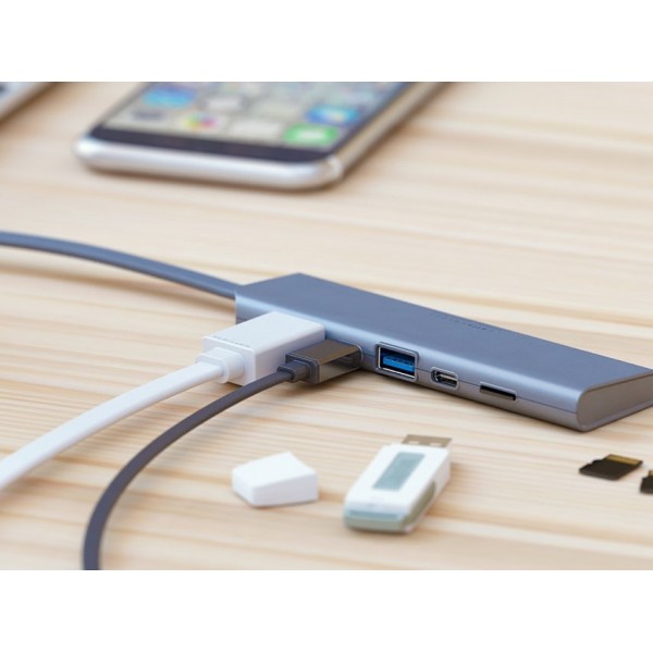 DesignNest DockingHUB | USB-C | Multi-Port Pass Through αντάπτορας (USB-C, USB 3.0, SD/MicroSD, HDMI) σε χρώμα Grey