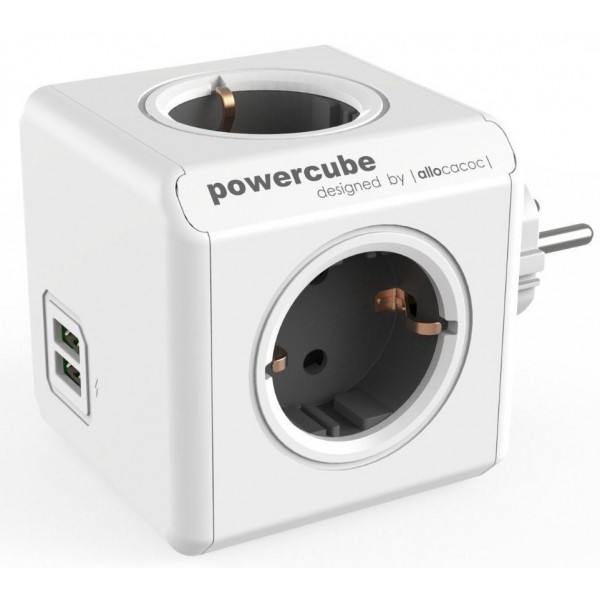 Allocacoc® PowerCube |Original USB| Πολύπριζο 4 θέσεων & 2 USB – Γκρι – 1202GY/DEOUPC