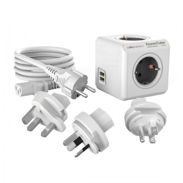 Allocacoc® PowerCube |ReWirable| Πολύπριζο 4 θέσεων & 3x plugs + IEC EU καλώδιο Γκρι - 1811GY/DERU3P