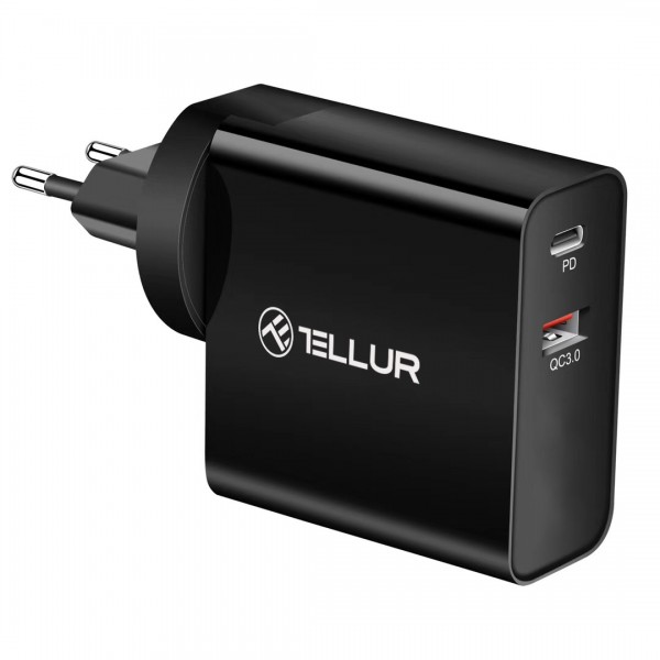 Tellur PDHC1 Φορτιστής δύο θυρών 48W PD (PD30W + QC3.0) 3 βυσμάτων (US, EU, UK), σε μαύρο χρώμα