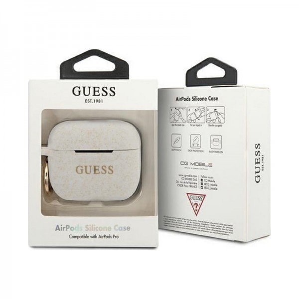 Guess Printed Logo Silicone Case Θήκη προστασίας από σιλικόνη για Apple Airpods Pro (White/Glitter)