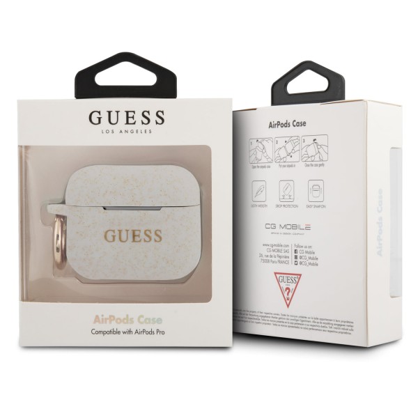 Guess Printed Logo Silicone Case Θήκη προστασίας από σιλικόνη για Apple Airpods Pro (White/Glitter)