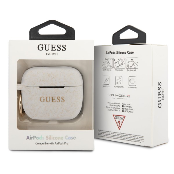 Guess Printed Logo Silicone Case Θήκη προστασίας από σιλικόνη για Apple Airpods Pro (White/Glitter)