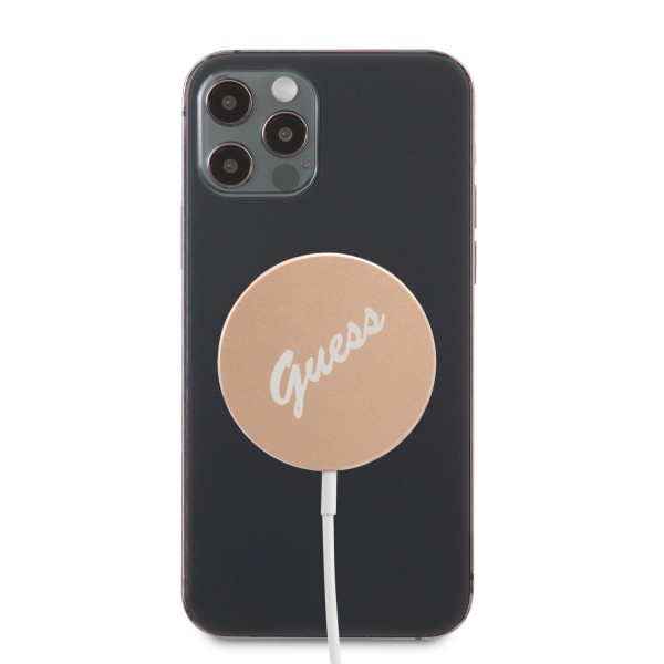 Guess Vintage Script Logo Wireless Magsafe Charger Pad Μοντέρνος Ασύρματος Φορτιστής Qi 15W για smartphone σε χρυσό