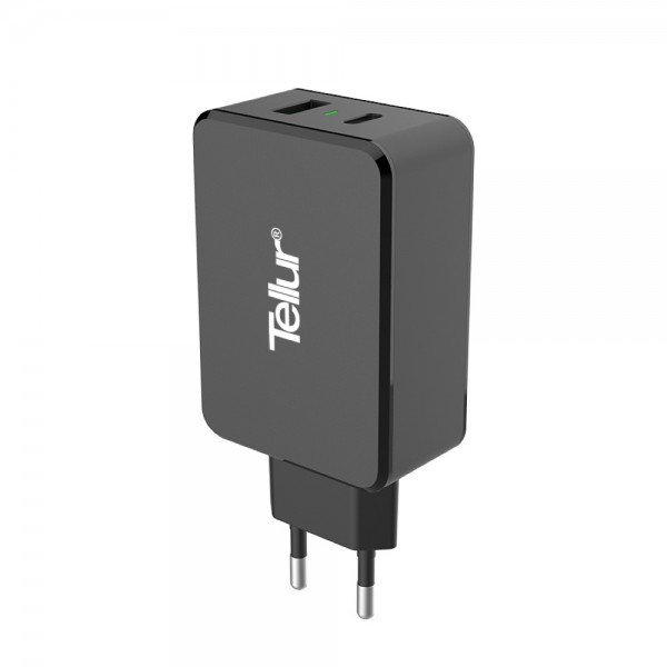 Tellur Dual USB Wall Charger Quick Charge 3.0 6A Φορτιστής δύο θυρών (USB-C + QC3.0), σε μαύρο χρώμα