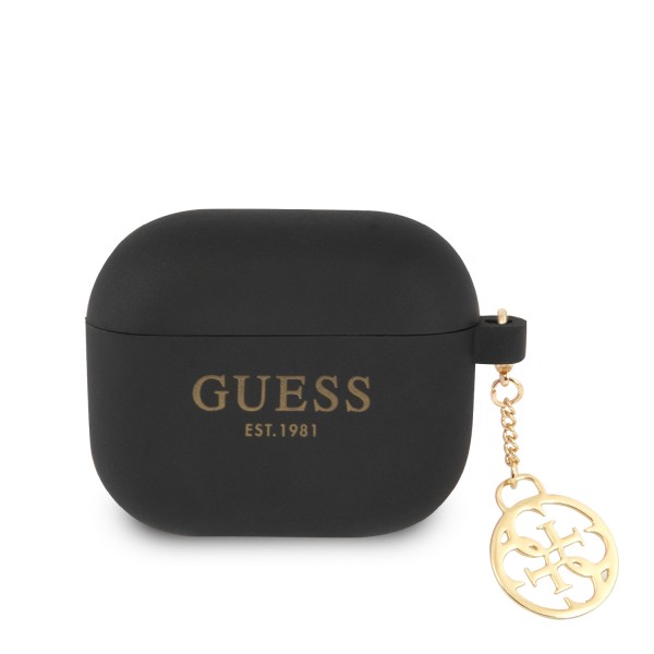 Guess Printed Gold Logo Θήκη προστασίας από σιλικόνη για Apple Airpods 3 με χρυσό κρεμαστό στολίδι (Μαύρη)