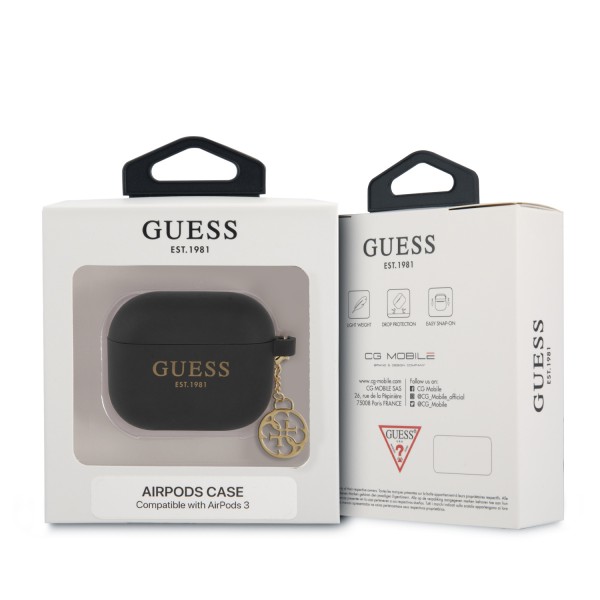 Guess Printed Gold Logo Θήκη προστασίας από σιλικόνη για Apple Airpods 3 με χρυσό κρεμαστό στολίδι (Μαύρη)