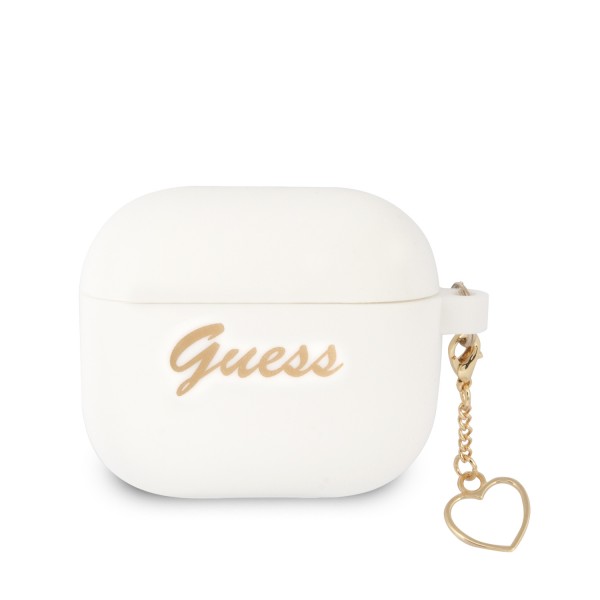 Guess Vintage Script Gold Logo Θήκη προστασίας από σιλικόνη για Apple Airpods 3 με χρυσή κρεμαστή καρδιά (Λευκή)