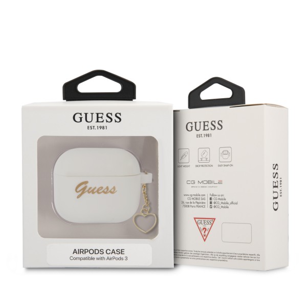 Guess Vintage Script Gold Logo Θήκη προστασίας από σιλικόνη για Apple Airpods 3 με χρυσή κρεμαστή καρδιά (Λευκή)