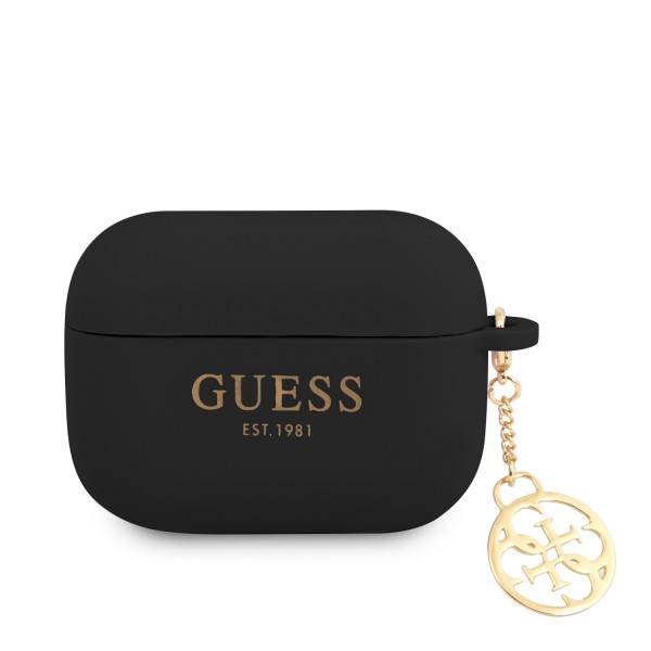 Guess Printed Gold Logo Θήκη προστασίας από σιλικόνη για Apple Airpods Pro με χρυσό κρεμαστό στολίδι (Μαύρη)