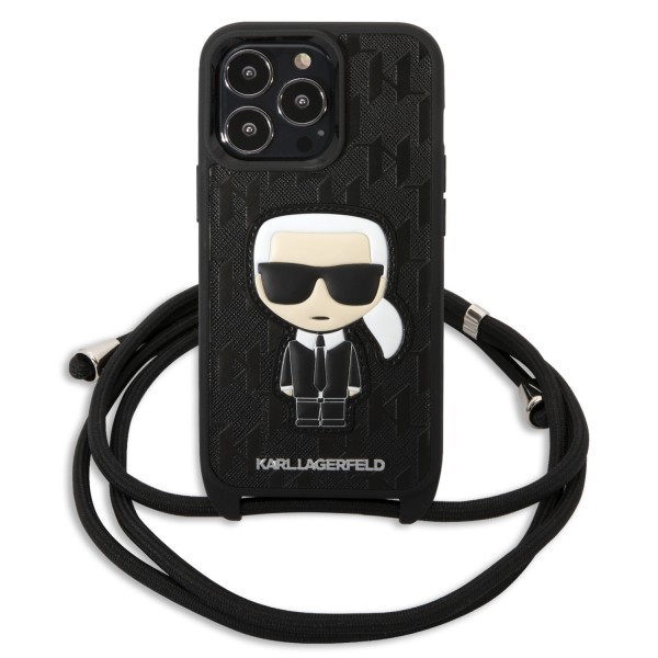 Karl Lagerfeld Monogram with Patch and Cord PU Leather Case Head Θήκη προστασίας από δερματίνη με λουράκι – iPhone 13 Pro (Μαύρο - KLHCP13LCMNIPK)