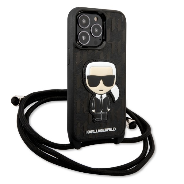 Karl Lagerfeld Monogram with Patch and Cord PU Leather Case Head Θήκη προστασίας από δερματίνη με λουράκι – iPhone 13 Pro (Μαύρο - KLHCP13LCMNIPK)