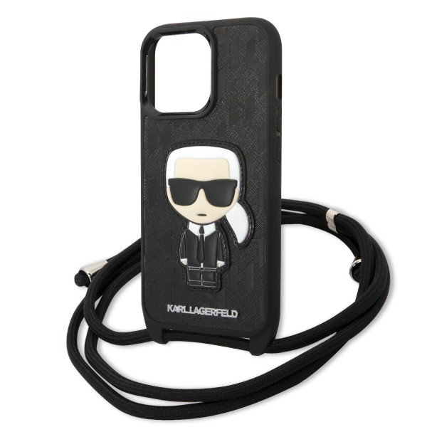 Karl Lagerfeld Monogram with Patch and Cord PU Leather Case Head Θήκη προστασίας από δερματίνη με λουράκι – iPhone 13 Pro (Μαύρο - KLHCP13LCMNIPK)