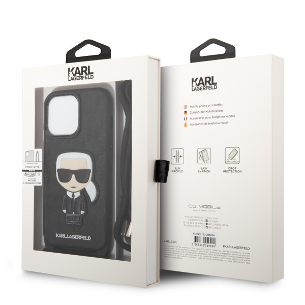 Karl Lagerfeld Monogram with Patch and Cord PU Leather Case Head Θήκη προστασίας από δερματίνη με λουράκι – iPhone 13 Pro (Μαύρο - KLHCP13LCMNIPK)