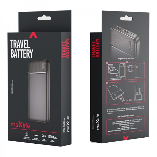 Maxlife Powerbank MXPB-01 10.000mAh με Θύρα USB-A και Θύρα USB-C Μαύρο