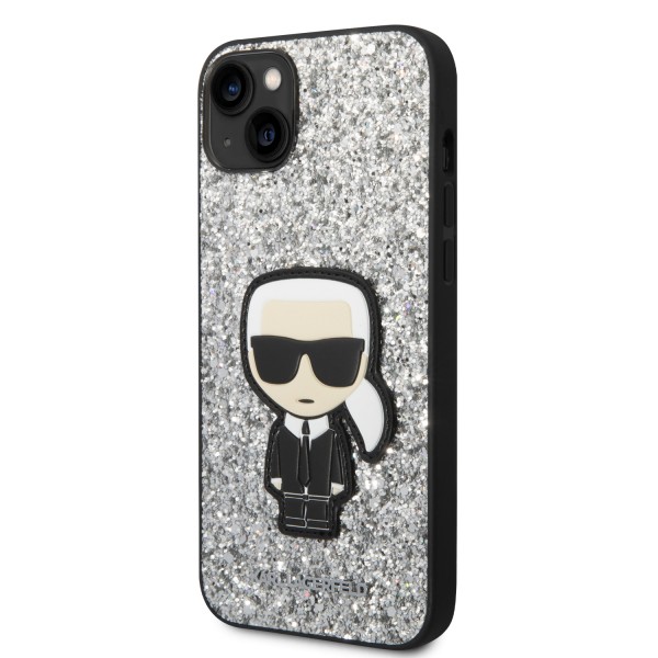 Karl Lagerfeld Glitter Flakes Case with Ikonik Patch and Metal Logo Θήκη προστασίας από σιλικόνη – iPhone 14 Plus (Glitter Silver) #KLHCP14MGFKPG