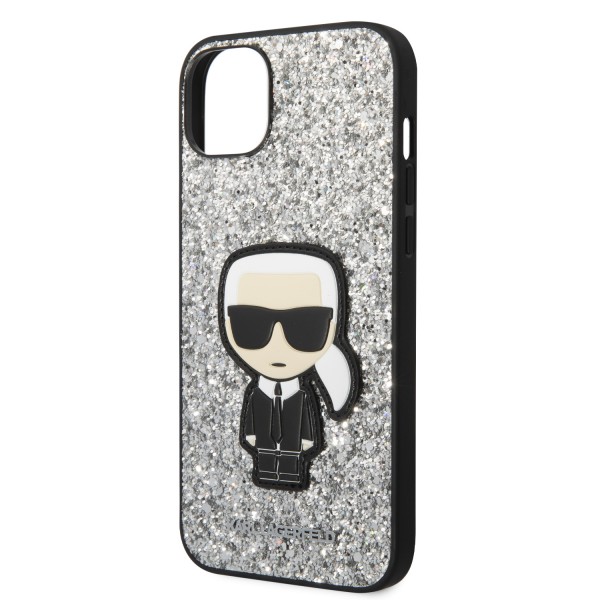 Karl Lagerfeld Glitter Flakes Case with Ikonik Patch and Metal Logo Θήκη προστασίας από σιλικόνη – iPhone 14 Plus (Glitter Silver) #KLHCP14MGFKPG