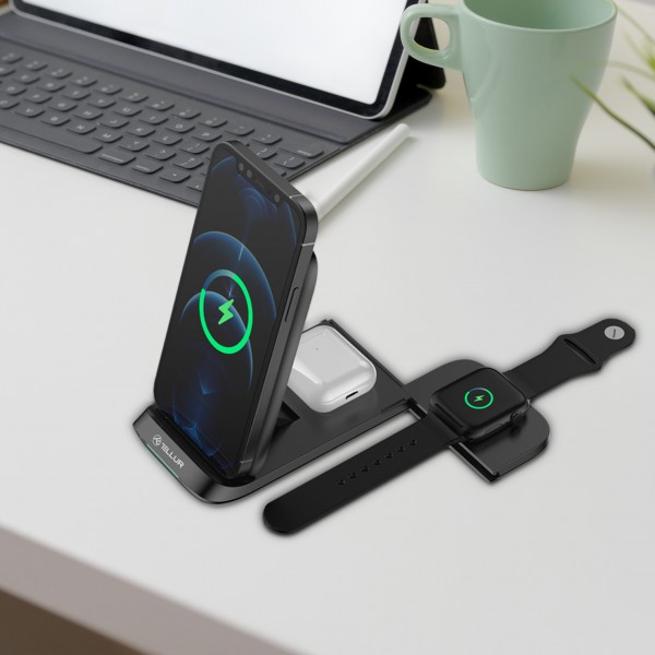 Tellur 3-in-1 Wireless Desk Charger Αναδιπλούμενη βάση ασύρματης φόρτισης 3 σε 1 με υποστήριξη τεχνολογίας Qi