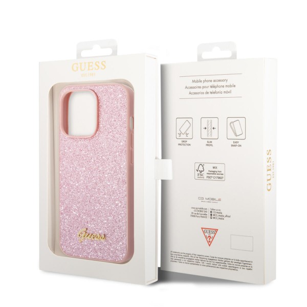 Guess Glitter Flakes Case with Ikonik Patch and Vintage Script Logo Θήκη προστασίας από σιλικόνη – iPhone 14 Pro (Glitter Pink)