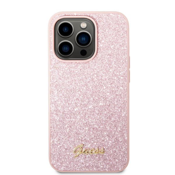 Guess Glitter Flakes Case with Ikonik Patch and Vintage Script Logo Θήκη προστασίας από σιλικόνη – iPhone 14 Pro (Glitter Pink)