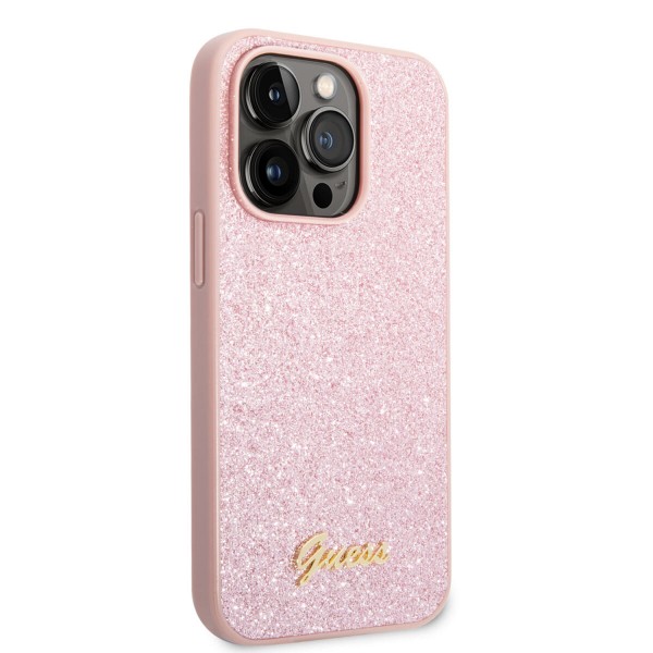 Guess Glitter Flakes Case with Ikonik Patch and Vintage Script Logo Θήκη προστασίας από σιλικόνη – iPhone 14 Pro (Glitter Pink)