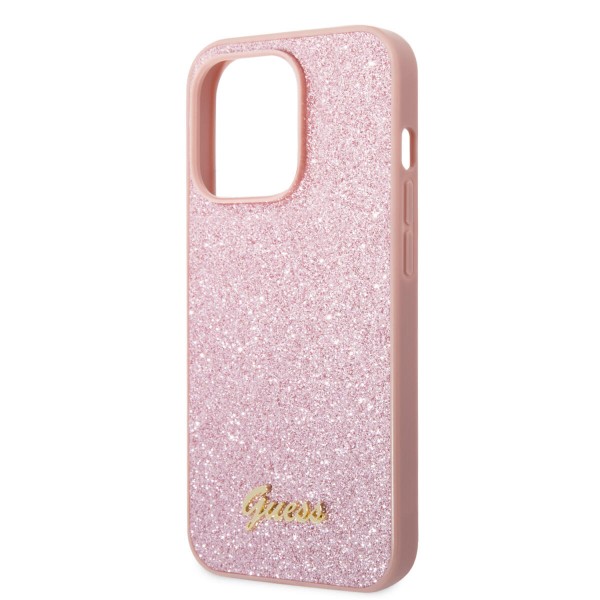 Guess Glitter Flakes Case with Ikonik Patch and Vintage Script Logo Θήκη προστασίας από σιλικόνη – iPhone 14 Pro (Glitter Pink)