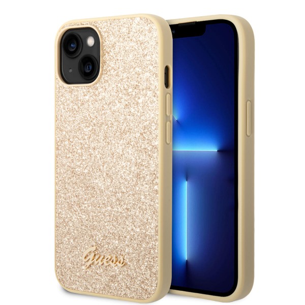 Guess Glitter Flakes Case with Ikonik Patch and Vintage Script Logo Θήκη προστασίας από σιλικόνη – iPhone 14 Plus (Glitter Gold) #GUHCP14MHGGSHD